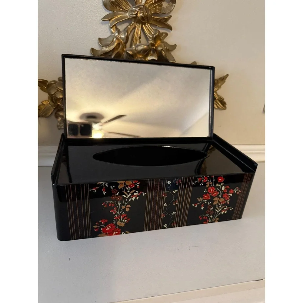 Vintage Japanese Floral Black Lacquer Style Tissue Box Cover with Int. Mirror
